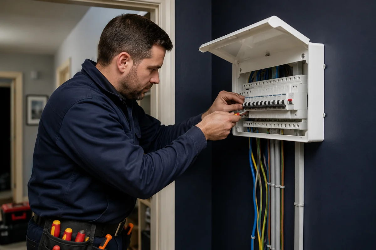 Electrician replacing consumer unit fuseboard in Cambridge home