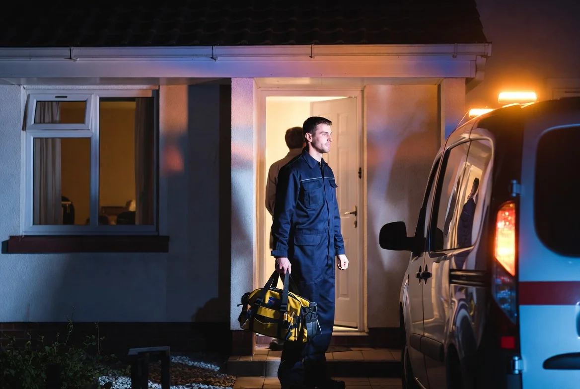 Emergency electrician arriving at Cambridge property at night