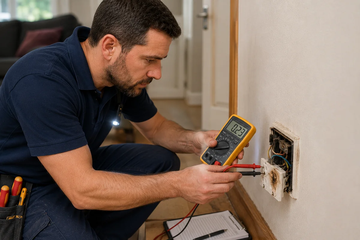 Electrician using multimeter for fault finding in Cambridge home