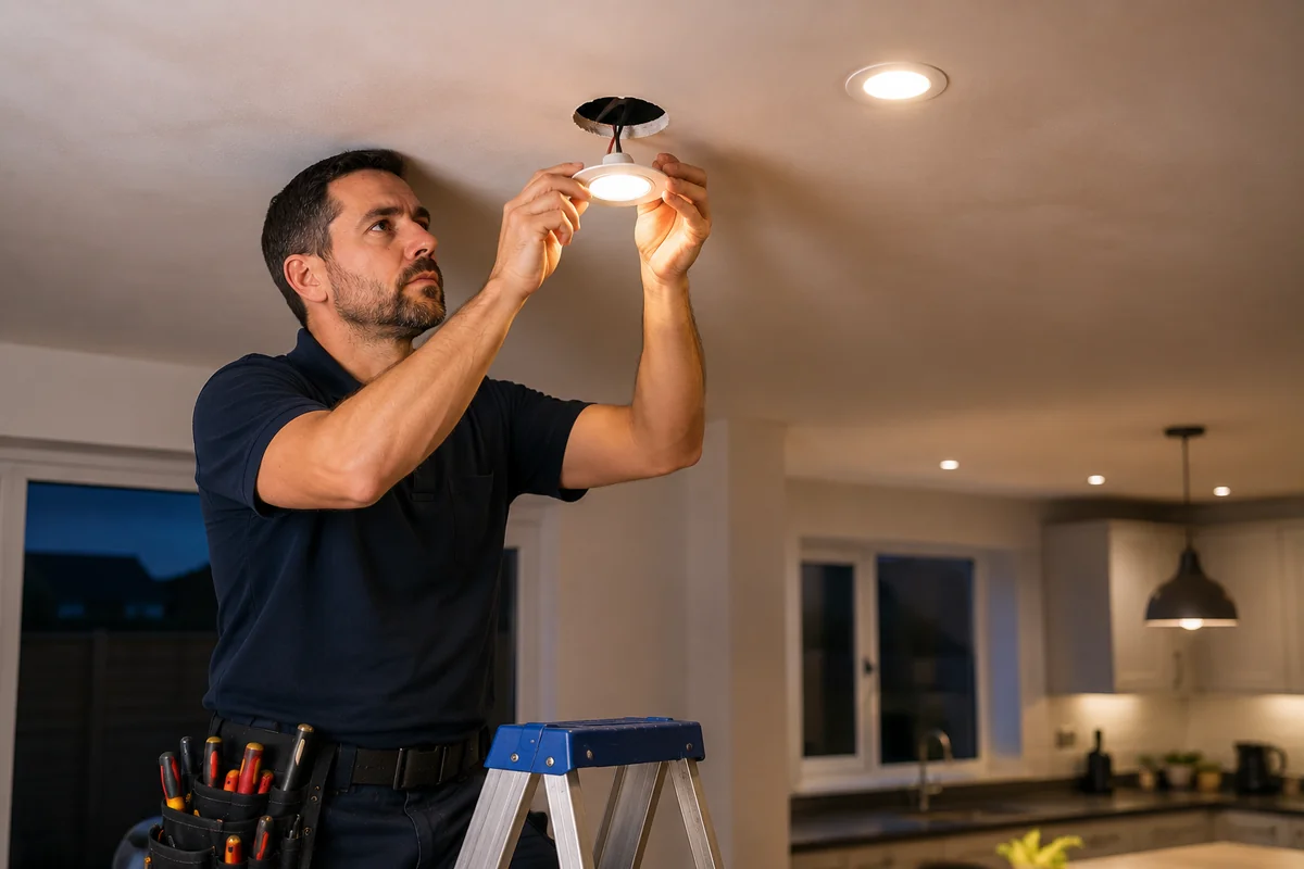 Electrician fitting LED downlights in Cambridge home ceiling