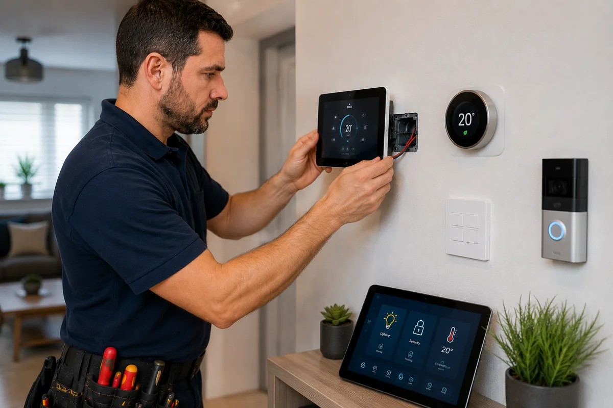 Electrician installing smart home control panel in Cambridge property